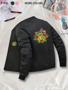 Casual Fashion Fun Frog Printed Baseball Jacket, Ideal Outerwear for Daily Campus Gatherings, Casual Zip-Up Jacket, Stand Collar, Polyester Knit Fabric, Slim Fit, Pocket Detail, Perfect for Fall & Winter