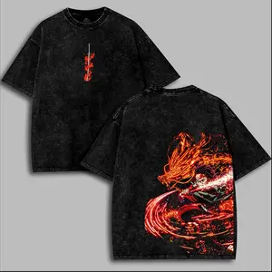 Tanjiro Kamado Fire Sun Water Breathing v5 Demon Slayer Kimetsu No Yaiba anime manga Washed t-shirt  2 sided printing Cotton graphic t-shirts classic vintage Menswear Seamless top men Smooth Black