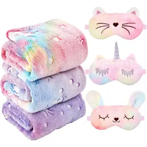 6 Pcs Sleepover Party Supplies for Girls, 3 Glow in the Dark Unicorn Blanket and 3 Plush Eye Mask Covers for Sleeping Slumber Spa Party Birthday Christmas Valentine Gifts