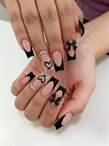 24Pcs Black French Tip Press On Nails Nude Medium Square False Nails With Bow Heart Rhinestone Design Fake Nails For Women Daily Wear Party Reusable Stick On Nails