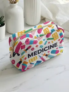 1 piece of medical element「MEDICINE」 2D printed makeup bag, large capacity design|suitable for all seasons/general use|can hold daily skincare products and various cosmetics|lifestyle travel all-rounder
