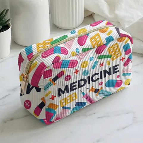 Women's Medical-Themed "MEDICINE" Graphic Print Makeup Bag, Cosmetic Bags, Large-Capacity Cosmetic Pouch for Skincare & Cosmetics Storage, Versatile for Daily Use & Travel