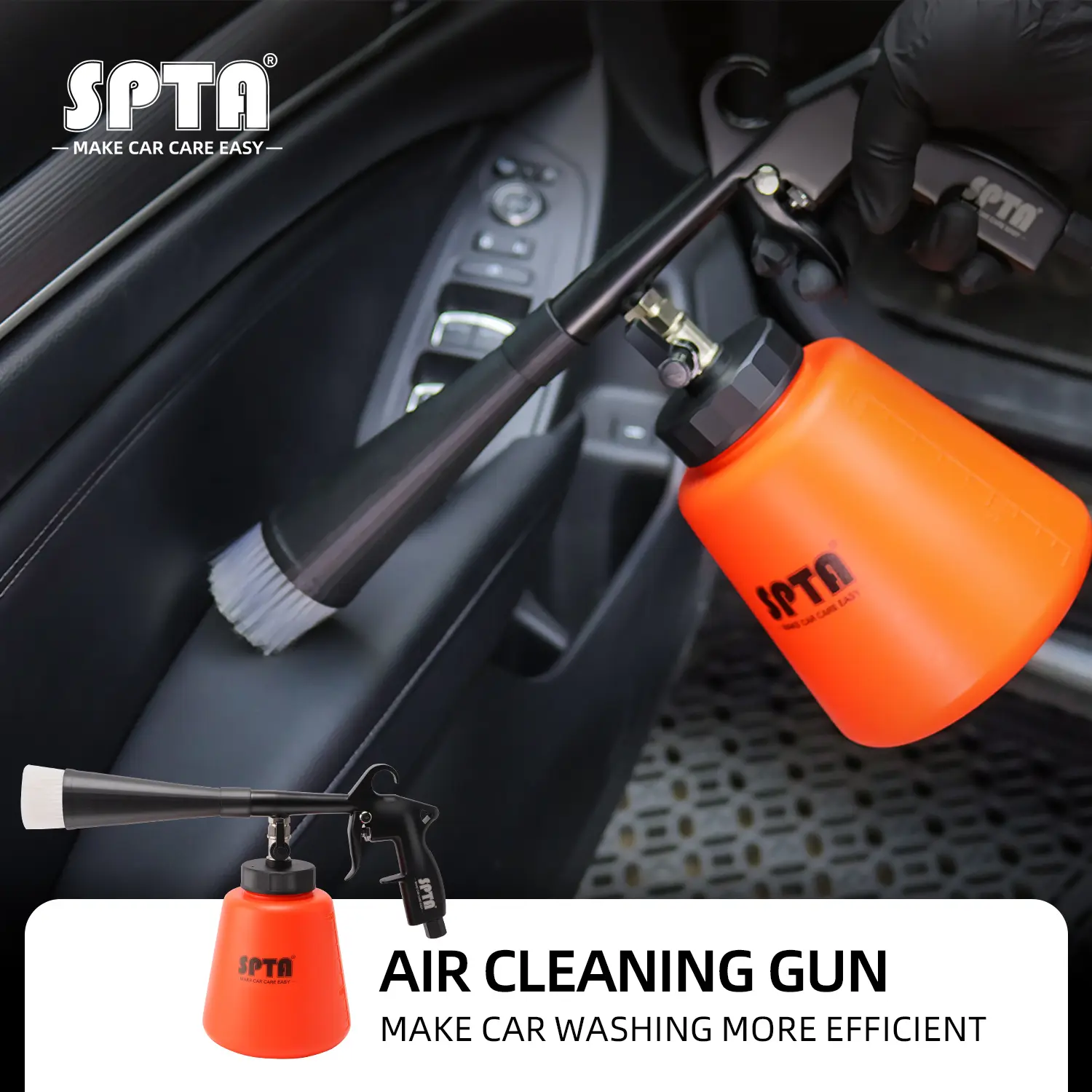 SPTA High Pressure Car Cleaning Gun, Air Interior Cleaning Gun, Car Interior Washing Tool, Detailing Wash Gun with Metal Spinner for Seat Carpet Roof Dashboard, Essential Car Detailing Washing Foam Bottle