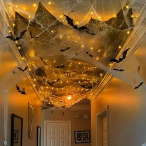 Halloween Spider Web Decorations with 32FT String Lights, 300 sqft Stretch Webs, Black Creepy Cloth, Fake Bats and Spiders for Indoor Outdoor Yard Doorway Entryway Decor