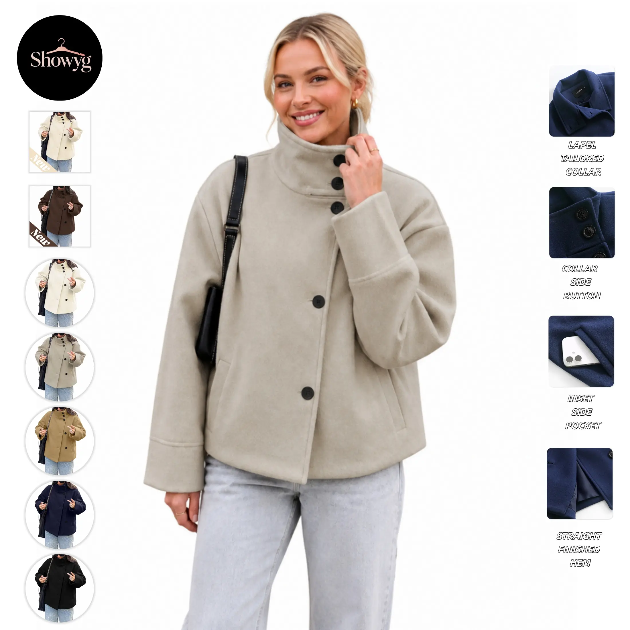 Showyg Women's Cropped Wool Blend Jacket, Stand Collar Longsleeves Short Overcoat, Loose-Fit Button-Front Outerwear with Side Pockets for Autumn Winter Casual Outfits (Jackets for Women)