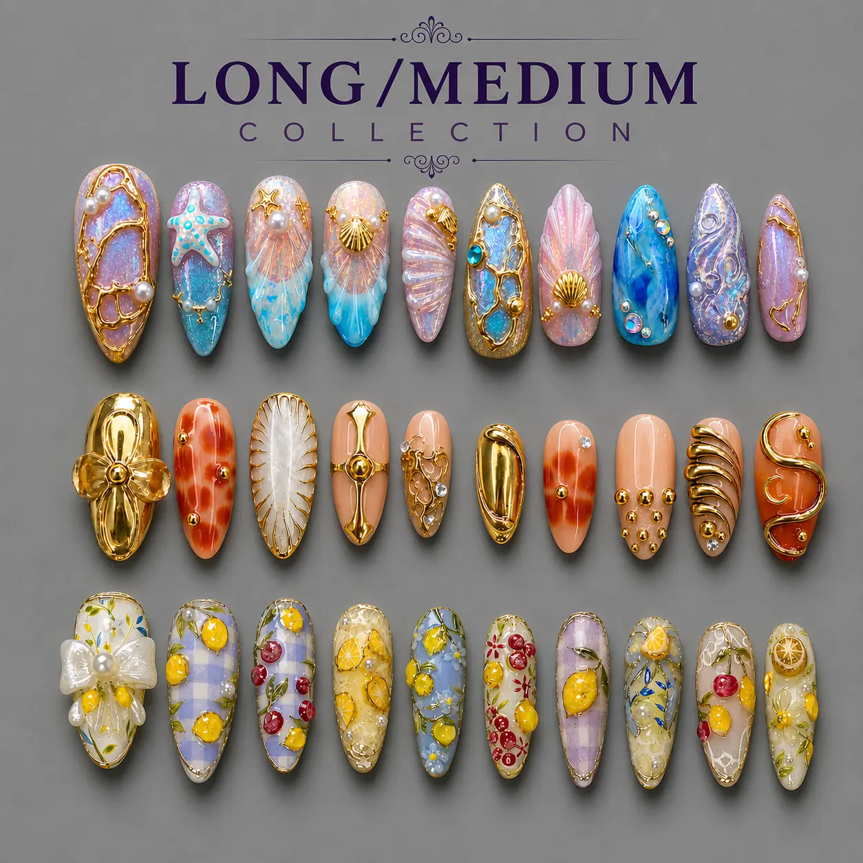 NAILCOUTURE Luxury Handmade 3D Nail Art Reusable Press On Nails | Long & Medium Almond Stiletto Square Coffin Olval Sculpted Gel Nails | Artisan Summer Floral Butterfly Shell Collection
