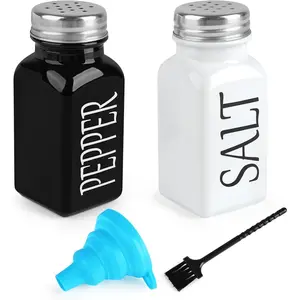 Salt and Pepper Shakers Set, 3oz Glass Salt Pepper Shaker Containers with Stainless Steel Lids for Rustic, Farmhouse, Home Kitchen, Restaurant, Black White