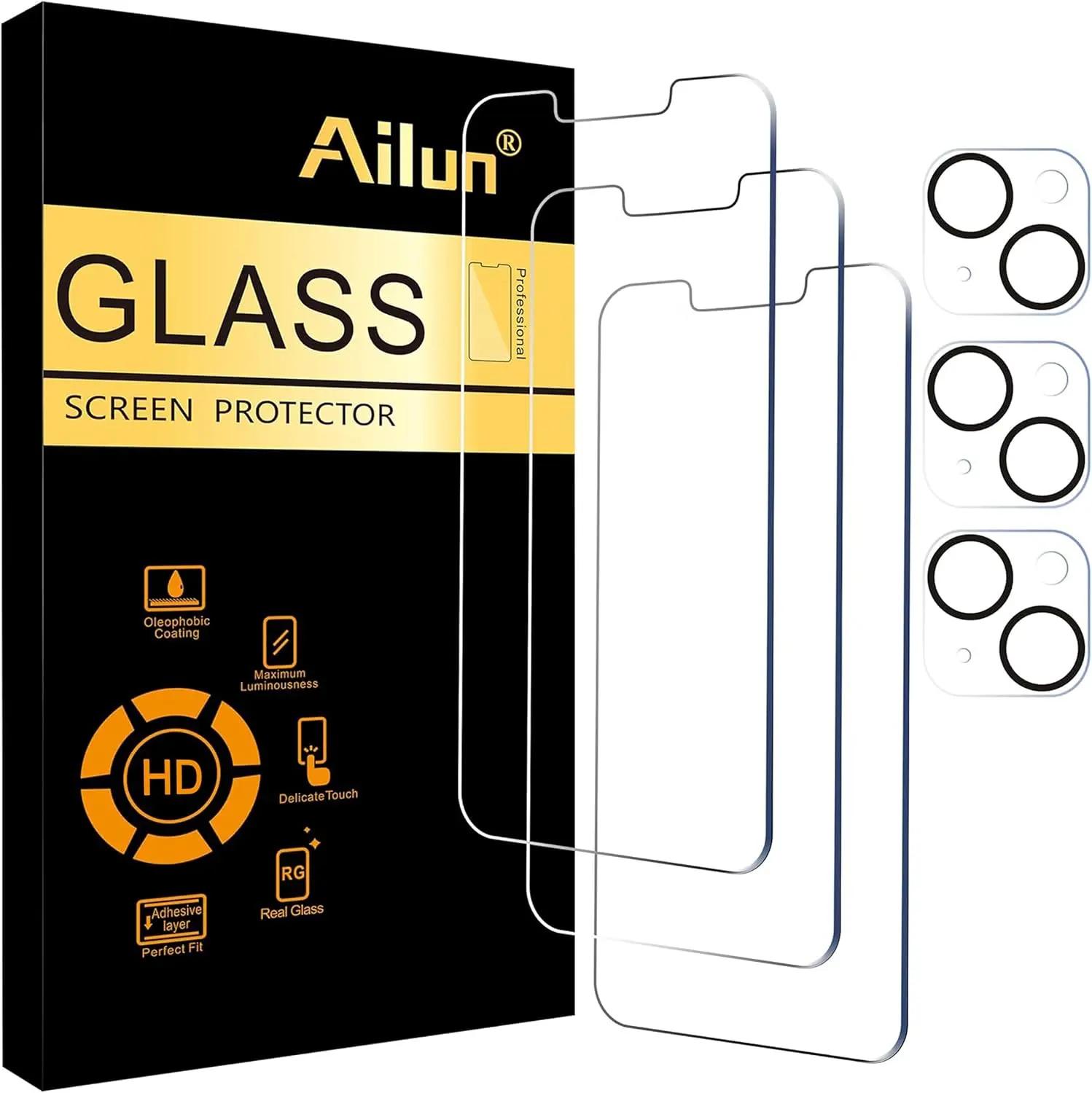 Ailun Screen Protector + Camera Lens Protector for iPhone 14, 3+3 Pack | 6.1 inch, Case Friendly, Tempered Glass Film, HD