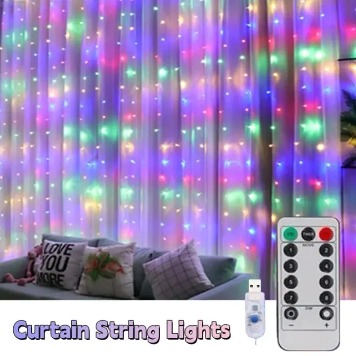 300 LED Curtain String Lights 9.8 x 9.8FT, Colorful Fairy Lights with Remote Control, 8 Lighting Modes, Waterproof Window Hanging Lights, Super Bright Decorative Lights for Bedroom, Christmas, Party, Wedding, Home, Indoor & Outdoor Decor