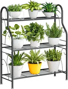 3 Tier Plant Stand Indoor Outdoor Plant Stands Metal Corner Plant Shelf Multiple Holder for Living Room Balcony Garden, Dark Grey