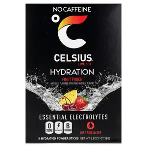 Celsius Live Fit, Hydration, Essential Electrolytes, No Caffeine, Fruit Punch, 14 Hydration Powder Sticks, 0.27 oz (7.76 g) Each