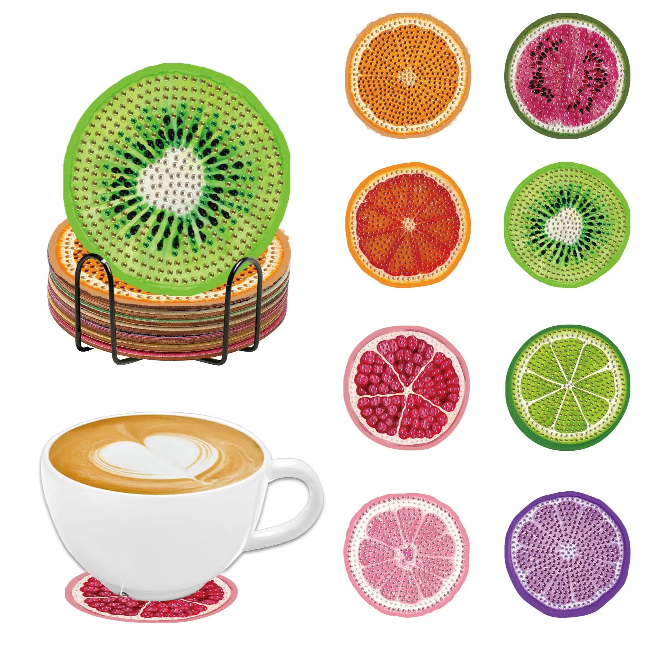 Fruit Pattern DIY Making Kit Diamond Art Colorful Painting Kit, 8 Counts/set Diamond Art Coaster Set with Holder, DIY Decorative Craft for Home & Office, Diamond Painting Kits