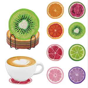 Fruit Pattern DIY Diamond Art Colorful Painting Kit, 8 Counts/set Diamond Art Coaster Set with Holder, DIY Decorative Craft for Home & Office, Diamond Painting Kits