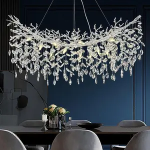 L47 Silver Tree Branch Chandelier, 14-Light Large Rectangular Chandelier, Modern Crystal Chandelier, Suitable for Dining Rooms and High Ceiling Living Rooms, Height Adjustable