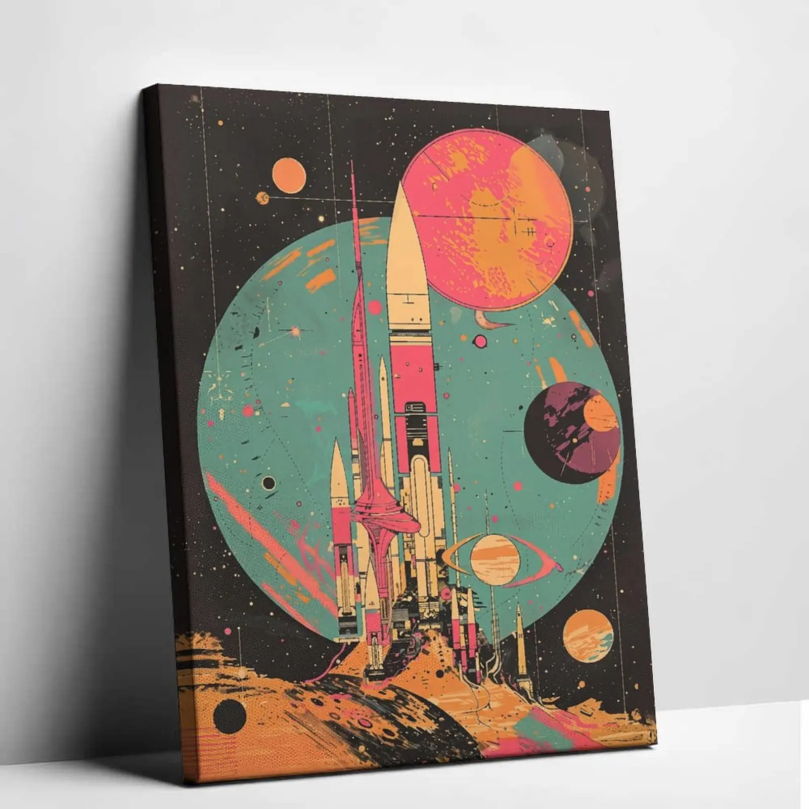 Retro Sci-Fi Space Rocket Canvas Wall Art | Vibrant Vintage Planet Poster | Unframed Aesthetic Room Decor for Gamers