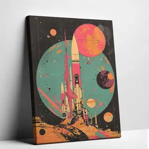 Retro Sci-Fi Space Rocket Canvas Wall Art | Vibrant Vintage Planet Poster | Unframed Aesthetic Room Decor for Gamers