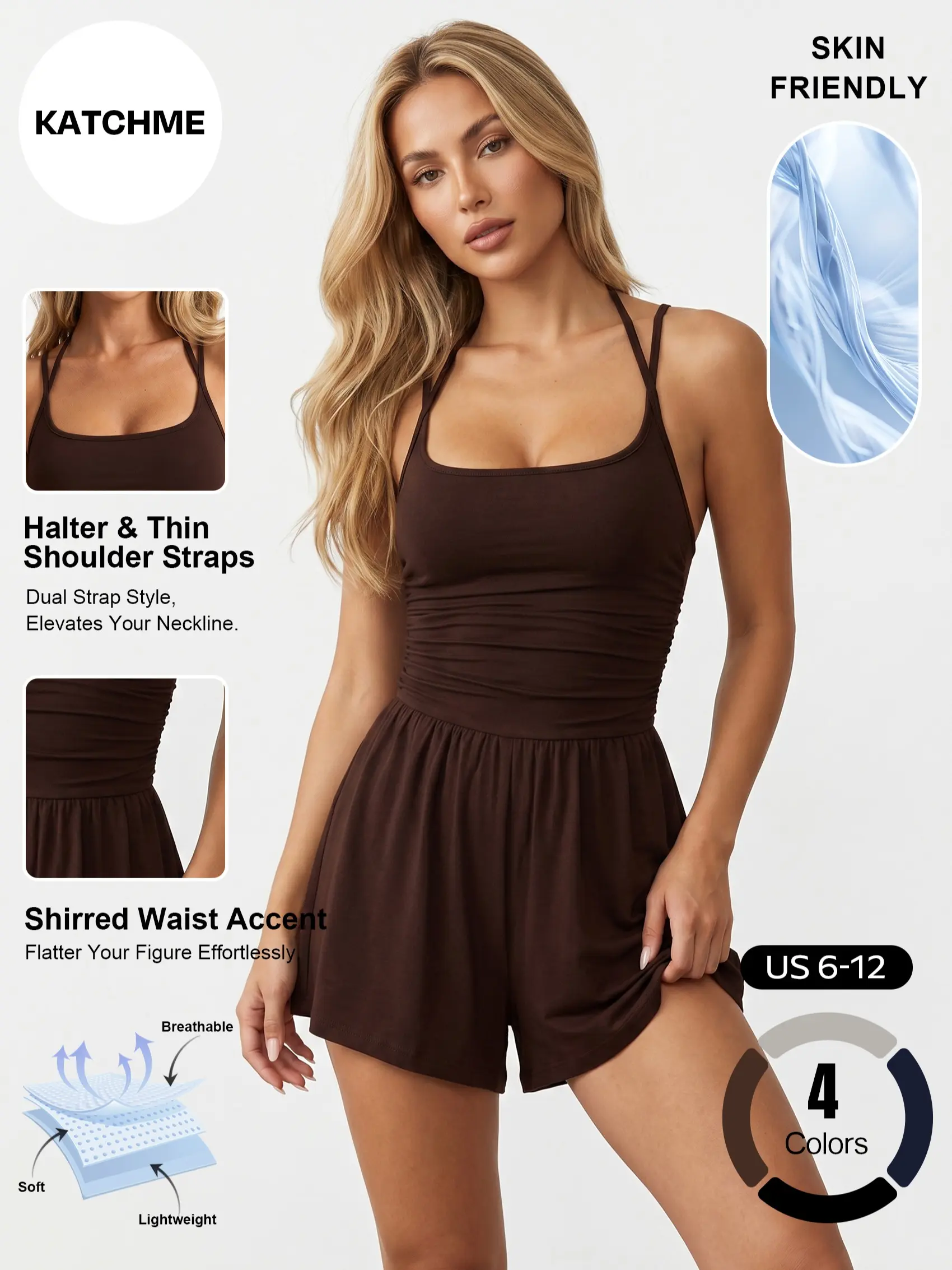 Katch Me Chic Women's Minimalist Solid Color Dual Strap Shirred Wide Leg Playsuit, Spring & Summer Sweat-Wicking Stretch Sportswear, Athleisure Soft Breathable Backless Daily Outfit