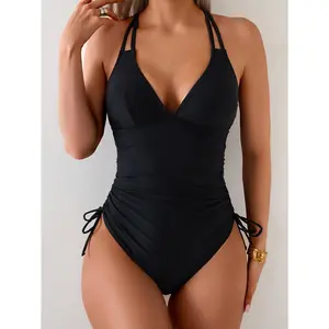 Women Tummy Control Black One Piece Swimsuit - Push Up Bathing Suit Full Coverage Swimwear Metal forged grain ring