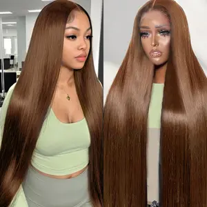 34 Inch 180% Density Chocolate Brown Lace Front Wig Brown Straight Lace Front Wigs Blended Human Hair 13x4 HD Transparent Full Frontal Wigs Pre Plucked 12A Brown Human Hair Wig 4#