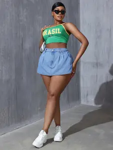 Plus Size Women's Denim Skirt Pants Set, Elegant Fitted Design, Comfortable Casual Wear, Perfect for Daily, Chic, Skirt Top Sets