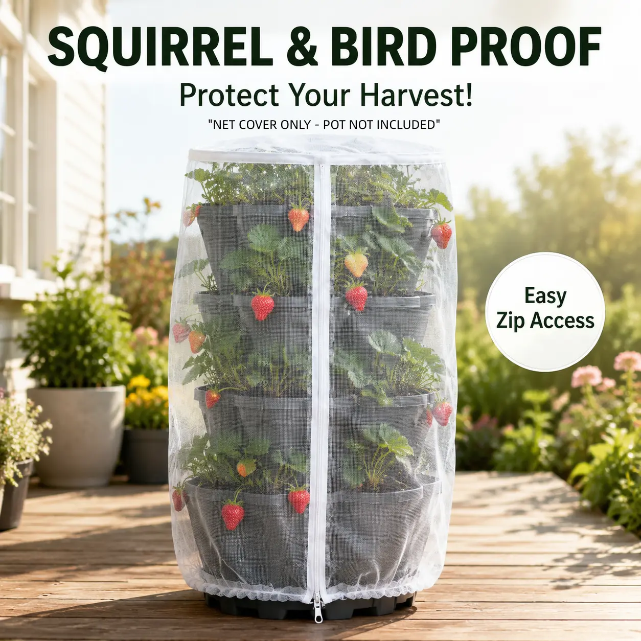 Universal Vertical Garden Mesh Cover - Bird & Squirrel Proof Strawberry Tower Netting with Easy Zip Access (18" x 40") Gardening Supplies Plant Protector