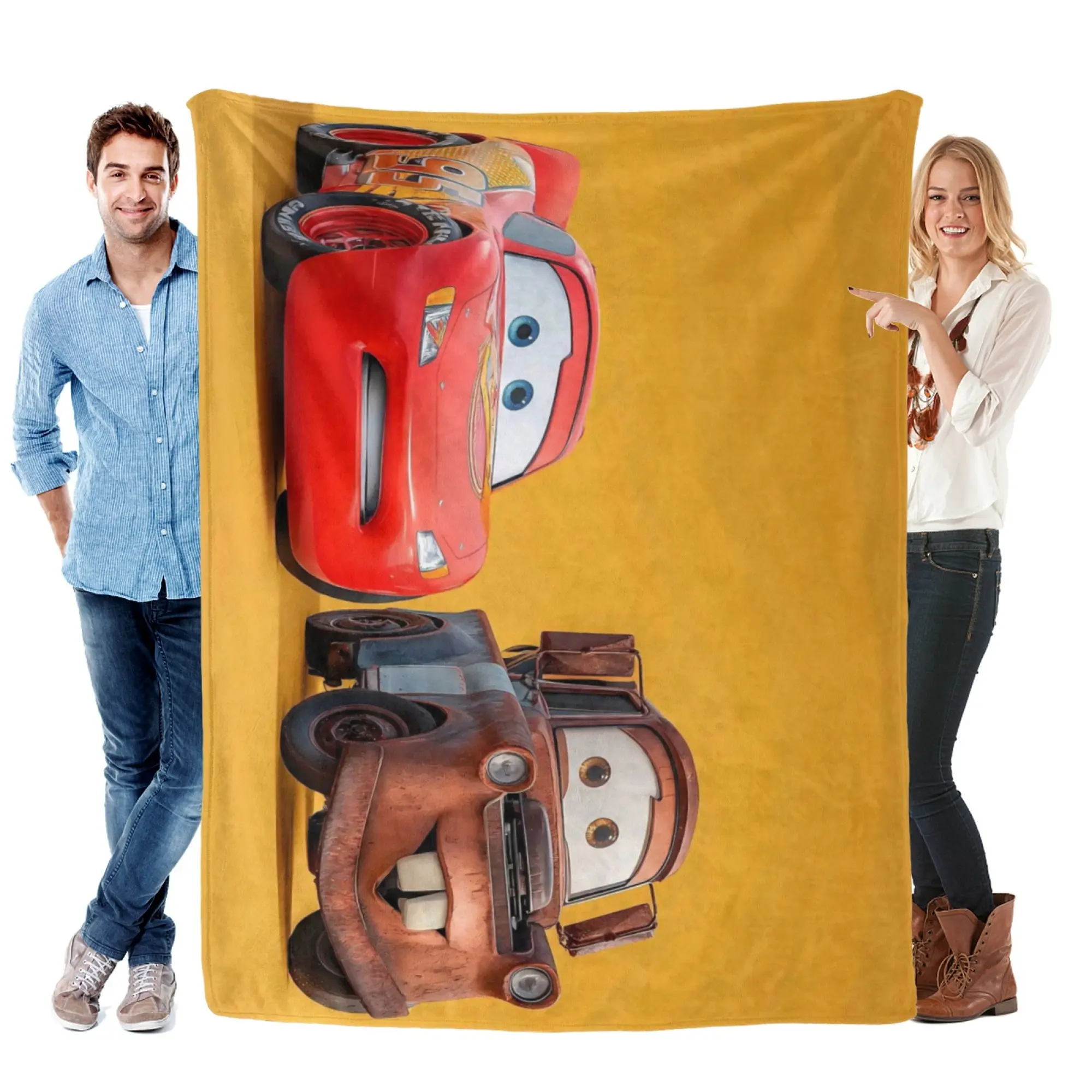 [SummerVibes] DISNEY CLASSIC Cars Lightning McQueen & Mater Flannel Blanket, Soft Cozy Yellow Throw for Home, Bedroom Decor & Couch