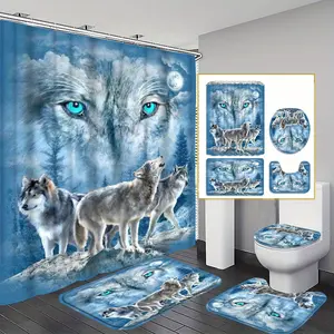 4pcs Wolf King Wolf Pack Bath Curtain Decoration, Beautiful Relocation Gift, Modern Home Decoration, Bath Curtain and Toilet Floor Mat 3pcs Set with 12 Bath Curtain Hooks
