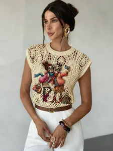 Women's Vintage Cartoon Granny Print Hollow Out Round Neck Sleeveless Sweater Vest, Casual Knit Top, Comfortable Versatile Clothing