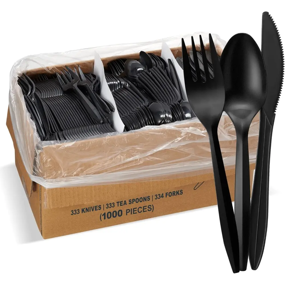 1000-Count Medium Weight Black Disposable Plastic Cutlery Bulk Variety Pack for Parties, Includes 334 Forks, 333 Knives, 333 Soup Spoons, Party