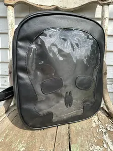 Black Skull Ita Backpack Bag Purse PU Leather Enamel Pin Display Goth Lolita