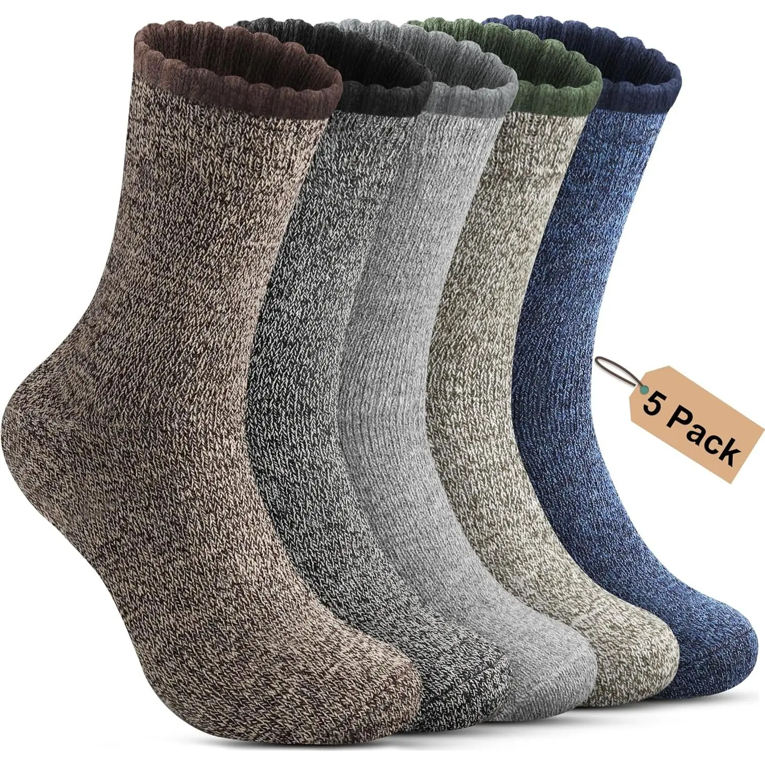 5 Pack Merino Wool Socks - Men's Winter Warm Thermal Hiking Socks for Camping and Cozy Wear