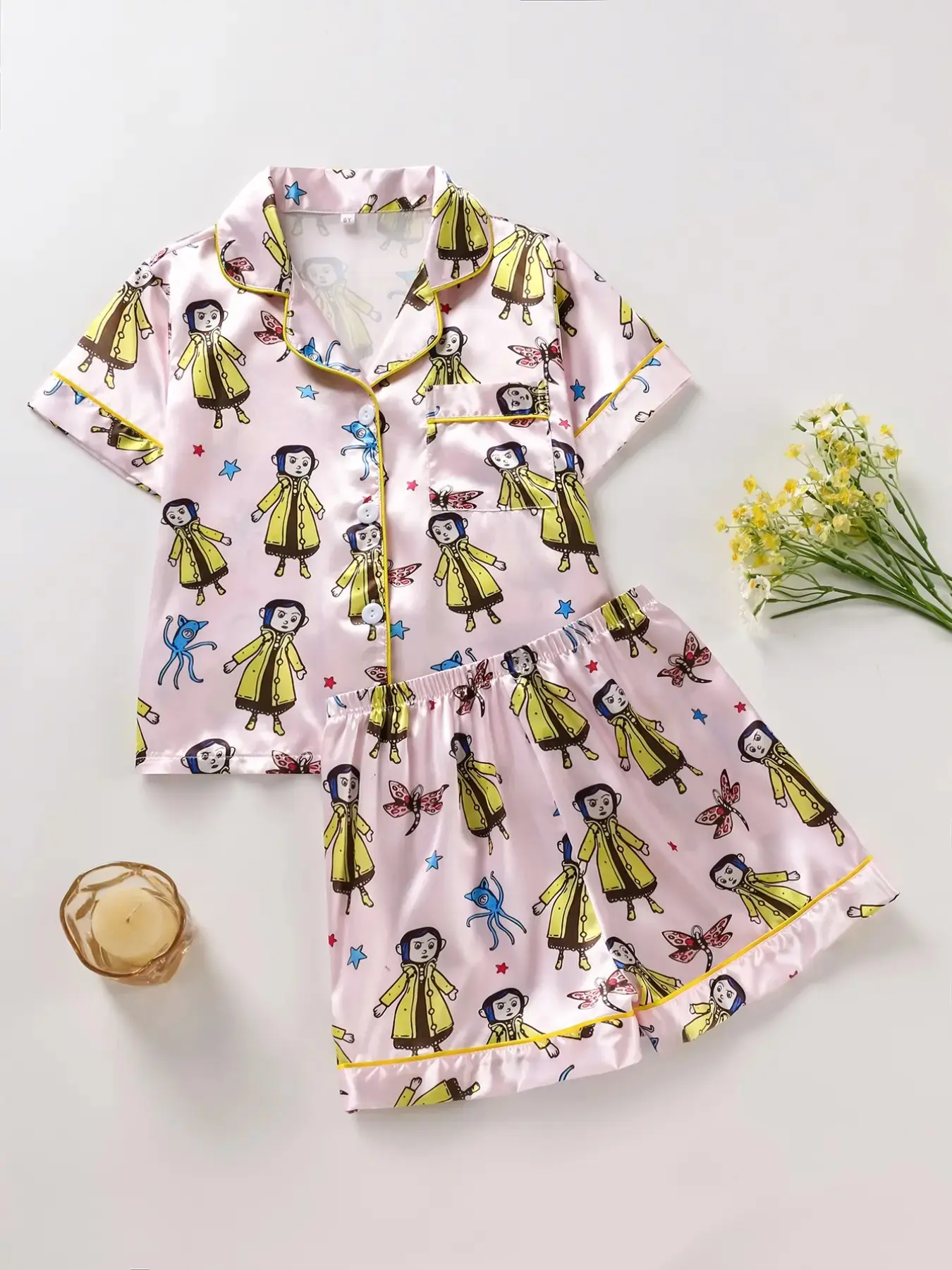 Girls Satin Pajama Set, Coat Print Sleepwear, Button Down Short Sleeve Top & Elastic Shorts, Soft All Season Loungewear, Cute PJ Set