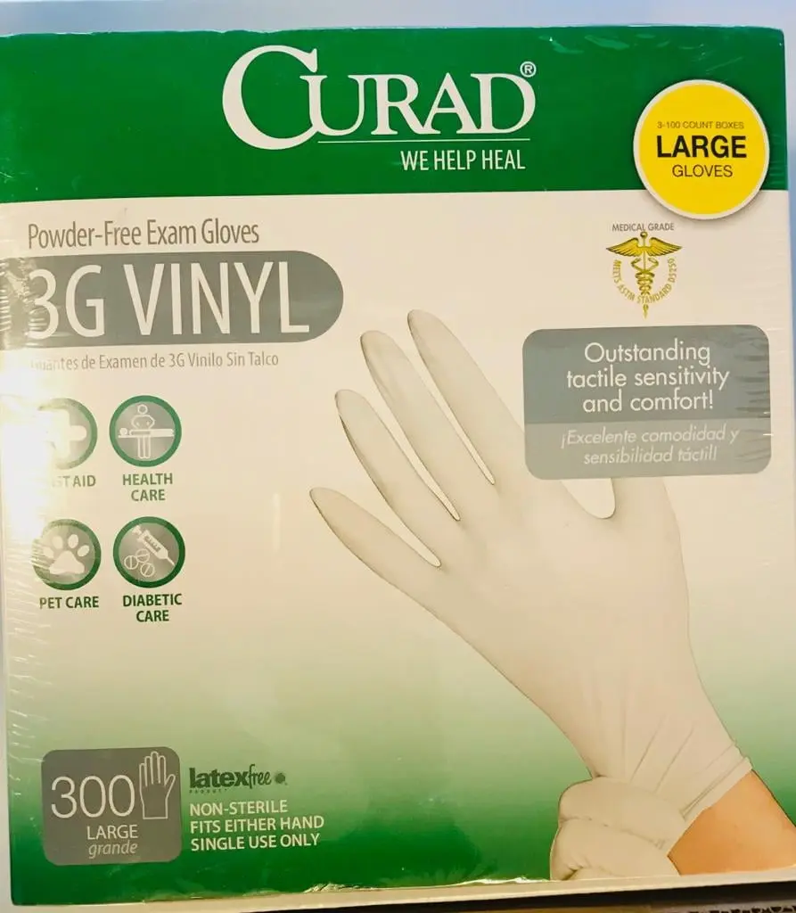 CURAD 3G Synthetic Vinyl Latex-Free Disposable Cleaning Exam Gloves, Powder-Free, Large Size, 3 Boxes (100 Count Each), Latex-Free Cleaning Gloves