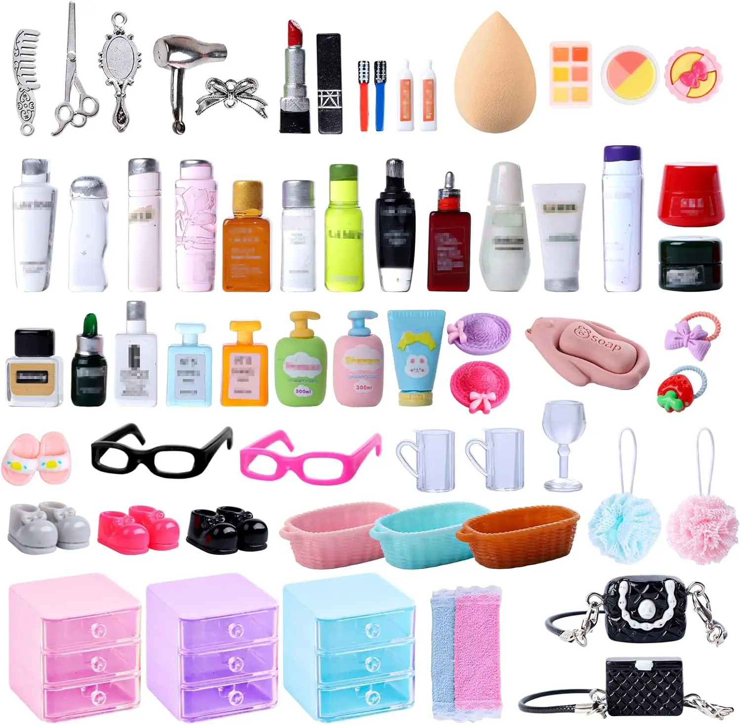 76 PCS Miniature Dollhouse Accessories, Dollhouse Bathroom Set with Makeup Kit, Towel, Toothbrush, Shampoo, Toiletries Set, Mini Dollhouse Furniture Accessories, Jewelry Storage Case, Perfume, Shoes, Mini Decor for DIY Craft