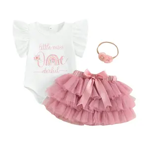 First Birthday Baby Girl Outfit Fly Sleeve Letter Print Romper with Tulle Skirt and Headband Infant Summer Birthday Clothes