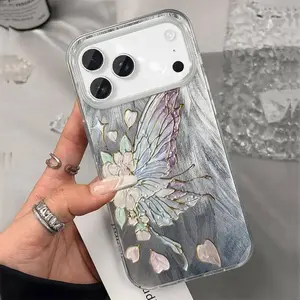 Iridescent Butterfly and Floral Shiny Textured Phone Case for iPhone 17/16/15/14/13/12/11 Pro/Plus/Pro Max/Air - TPU + PET Material