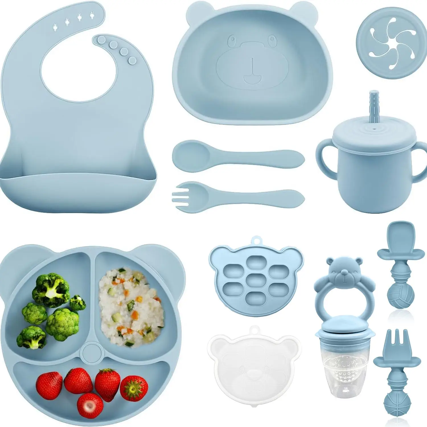 Cute Bear Design Silicone Feeding Set, 11pcs/set Baby Food Feeding Bowl & Spoon & Fork & Bib & Straw Cup & Snack Cup & Ice Cube Box, Durable Utensils