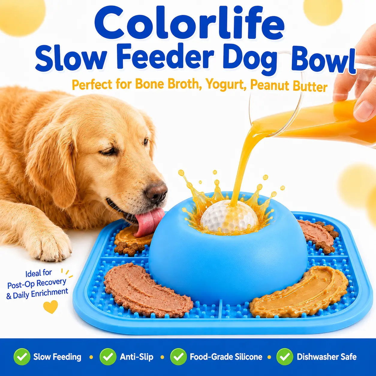Slow Feeder Dog Bowl & Lick Mat for Liquid and Thick Treats, Anti-Slip Interactive Rolling Ball Lick Bowl, 5/6 Cup Feeder for Bone Broth, Yogurt and Supplements, Post-Op Recovery & Enrichment Toy for Dogs and Cats, Pet Stuff Dog Accessories