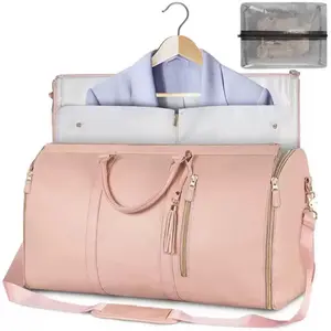 Garment Duffle Bags for Travel, Carry On Garment Bag for Women, PU Leather Foldable Travel Bag with Shoe Pouch, 2 in 1 Hanging Suitcase Dress Suit Travel Bags
