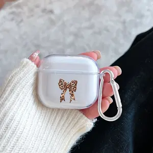 Leopard Print Bow Pattern Protective Case for AirPods 4/3/2/1/Pro/Pro2 Soft TPU Earphone Cover, Transparent with Keychain