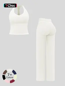 Women's Sleeveless Colorblock Fleece Fabric Yoga Set with Shoulder Straps, Premium-Look Sportswear for Running & Exercise, Sporty Style, Workout Running Outfits