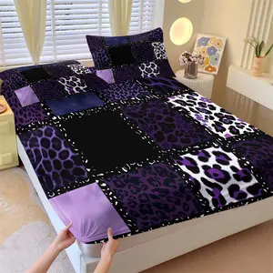 Cool Purple Leopard Print Fitted Sheet Set, 1 Mattress Cover & 2 Coreless Pillowcases, Wild Animal Print Nine Grid Patchwork Design, Soft Anti-Slip Wrinkle-Resistant, Y2K Spicy Girl Style Bedroom Decor Gift