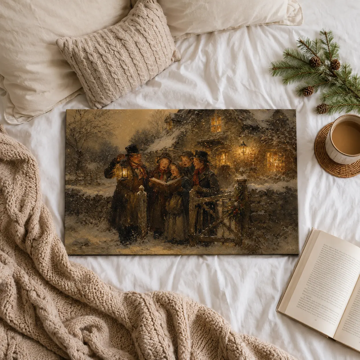 Victorian Christmas Wall Art, Vintage Christmas Canvas Art or Satin Poster, Lantern-Lit Carolers in Snow, Old World Cottage Holiday Decor, Dickensian Winter Artwork, Traditional Christmas Home Decor