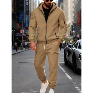 fall outfits Men's autumn and winter hooded sweatshirt and sweatpants set, with a zipper jacket and tapered pants. The multi-pocket design is both practical and stylish. The casual and sporty style makes it easy to create a trendy man look.