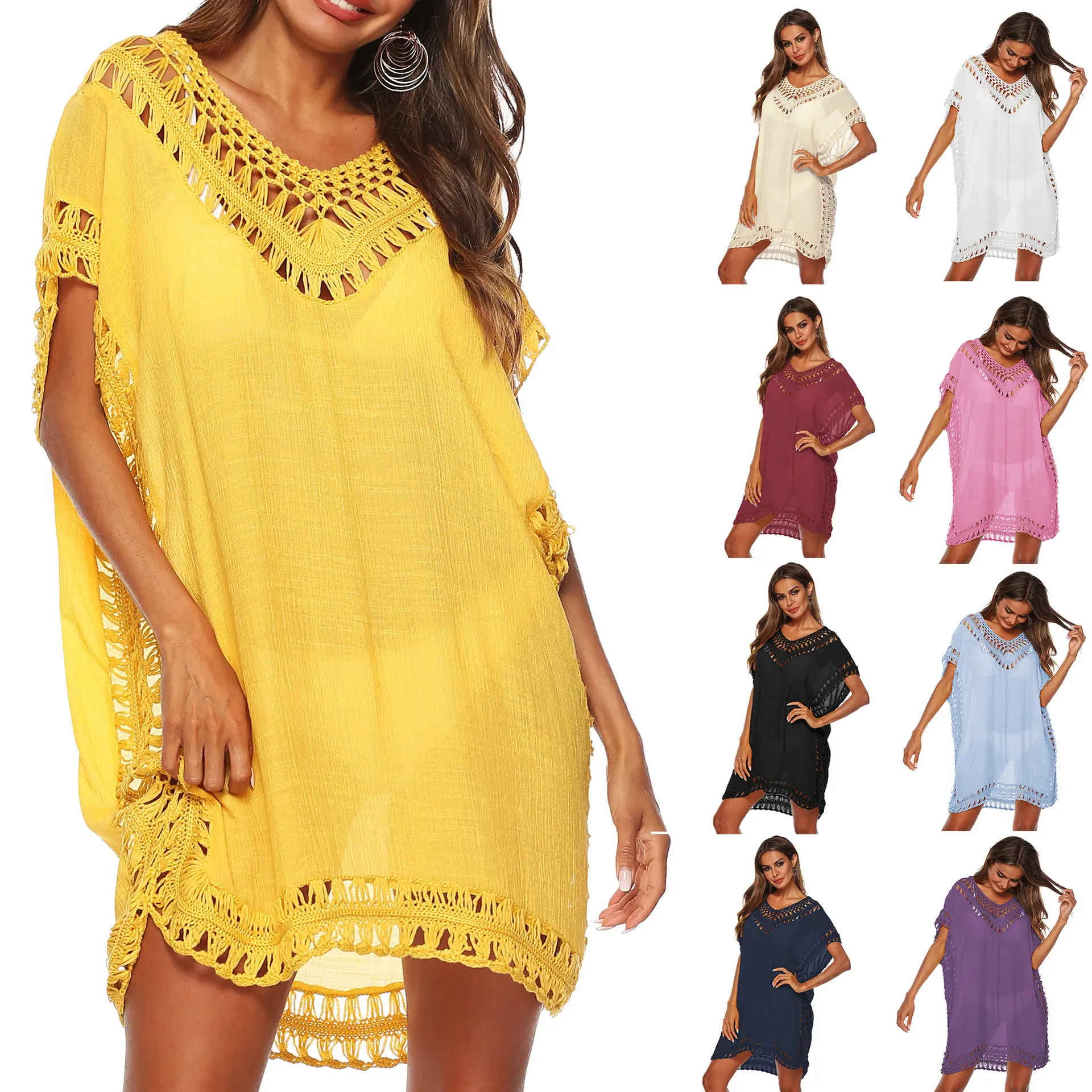 Women Swimsuit Cover Ups, V Neck Hollow Out Swim Coverup Crochet Chiffon Summer Beach Cover Up Dress