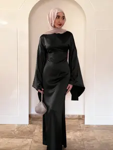 Women's Elegant Solid Color Trumpet Sleeve Arabic Dress, Formal Evening Gown, No Headscarf, Single Piece, Fitted, Plain Style, Long Sleeve
