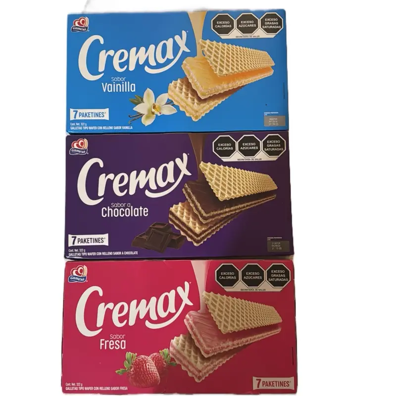 Cremax de Gamesa. Includes 3 packs. Three delicious flavors to choose from. Vanilla, Chocolate, and Strawberry grams each box of 7 packs. Box of 322 grams.