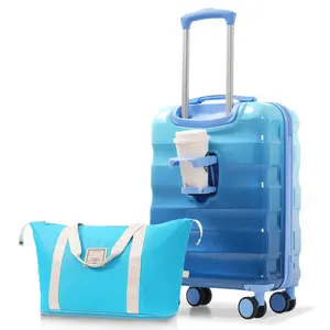 20 Inch Carry-on Luggage Set – Hardshell PC+ABS Gradient Color Suitcase with Spinner Wheels and Cup Holder, TSA Lock, Airline Approved, Blue, 2-Piece Set