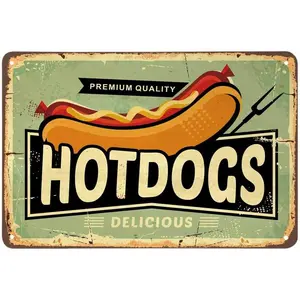 AOYEGO Hotdogs Tin Sign,Fast Food Delicious Restaurant Fork Bread Meat Sausage Vintage Metal Tin Signs for Cafes Bars Pubs Shop Wall Decorative Funny Retro Signs for Men Women 8x12 Inch