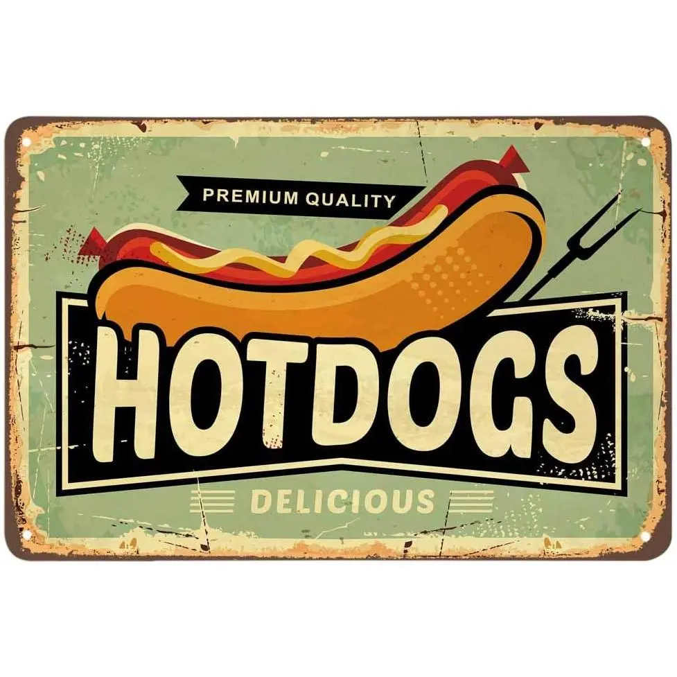 AOYEGO Hotdogs Tin Sign,Fast Food Delicious Restaurant Fork Bread Meat Sausage Vintage Metal Tin Signs for Cafes Bars Pubs Shop Wall Decorative Funny Retro Signs for Men Women 8x12 Inch